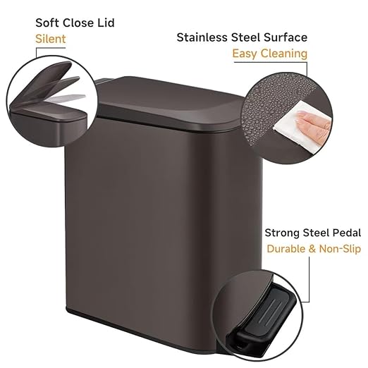TIPGO Slim Bathroom Trash Can with Lid Soft Close, Step Pedal, 6 Liter / 1.6 Gallon Stainless Steel Trash Bin, Small Garbage Cans for Bedroom, Office, Kitchen (Brown) - Image 4