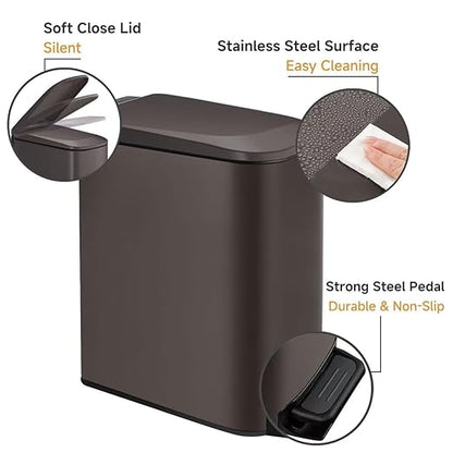 TIPGO Slim Bathroom Trash Can with Lid Soft Close, Step Pedal, 6 Liter / 1.6 Gallon Stainless Steel Trash Bin, Small Garbage Cans for Bedroom, Office, Kitchen (Brown) - Image 4