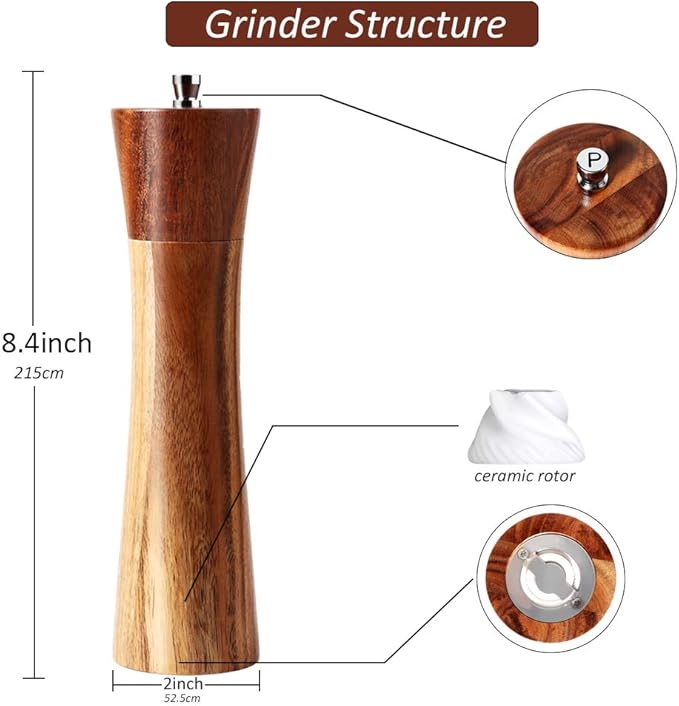 Wooden Salt and Pepper Grinders Set, 8 inch Acacia Wooden Salt and Pepper Mills Shakers Kit Ceramic Rotor with Strong Adjustable Coarseness - Image 3