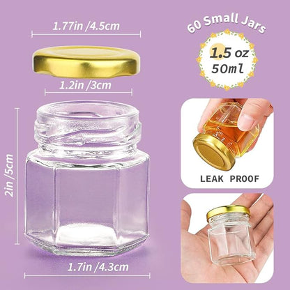 Syntic 60 Pcs Small Glass Containers with Airtight Lids, 1.5 oz Mini Honey Jars for Wedding Favor, Baby Shower, Small Hexagon Candle Jars for Making Candles, Body Butter, Jam, Spices, Herbs, DIY Gift - Image 6