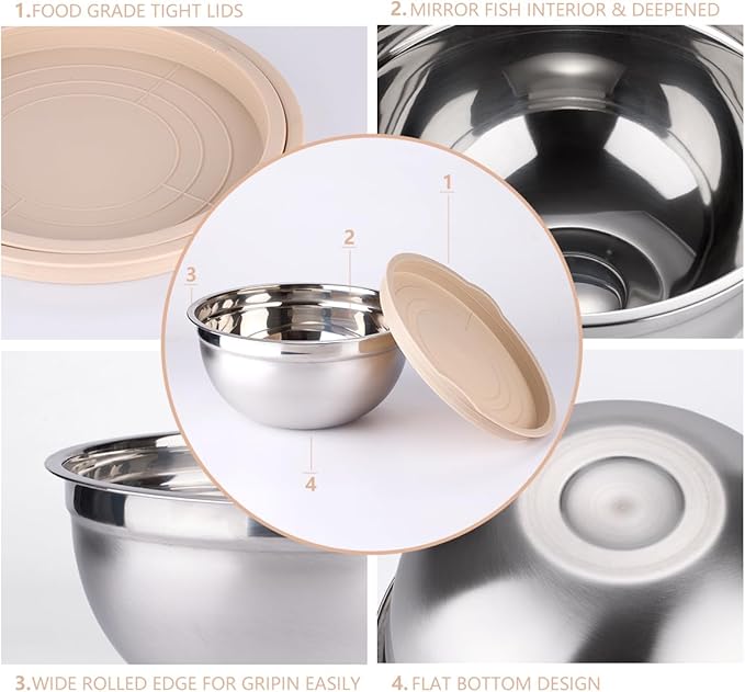 Leidawn Mixing Bowls with Lids set - 25 PCS Stainless Steel Nesting Khaki Mixing Bowls Set for Baking,Mixing,Serving & Prepping,Size 5, 3.7, 2.8, 2.3, 1.7, 1.1, 0.7QT, 11 Cooking Utensils - Image 2
