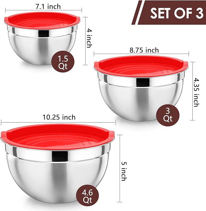 P&P CHEF Red Mixing Bowls with Lids, Set of 3, Stainless Steel Salad Nesting Bowl for Mixing, Storing, Prepping, Airtight & Stackable, Size 4.6/3 /1.5 QT - Image 2