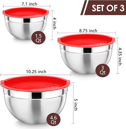 P&P CHEF Red Mixing Bowls with Lids, Set of 3, Stainless Steel Salad Nesting Bowl for Mixing, Storing, Prepping, Airtight & Stackable, Size 4.6/3 /1.5 QT - Image 2