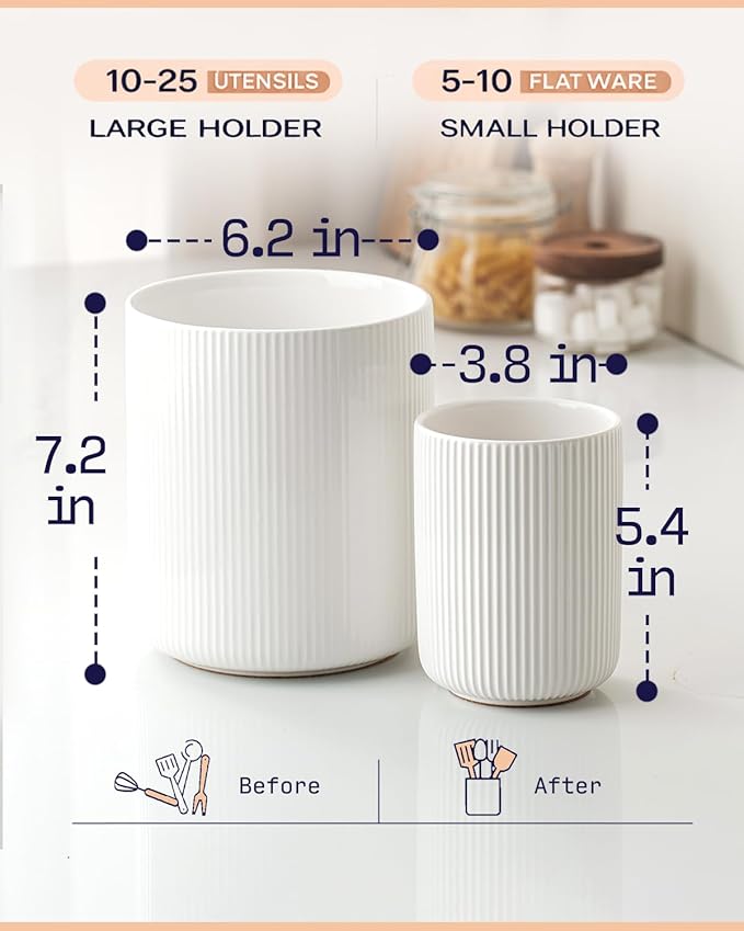getstar Large Rotating Utensil Holder for Kitchen Counter,7.2"+5.4" Ceramic Utensils Crocks Set for Countertop Large & Small Utensil Organizer for Spatula Farmhouse Kitchen Decor - Image 4