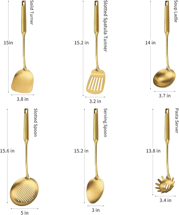 304 Stainless Steel Cooking Utensil,Kitchen Utensil with Spatula, Solid Spoon, Ladle, Skimmer, Spaghetti Spoon, 6 Piece Set, Dishwasher Safe(Gold) - Image 2