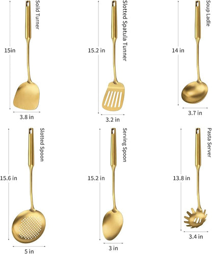 304 Stainless Steel Cooking Utensil,Kitchen Utensil with Spatula, Solid Spoon, Ladle, Skimmer, Spaghetti Spoon, 6 Piece Set, Dishwasher Safe(Gold) - Image 2