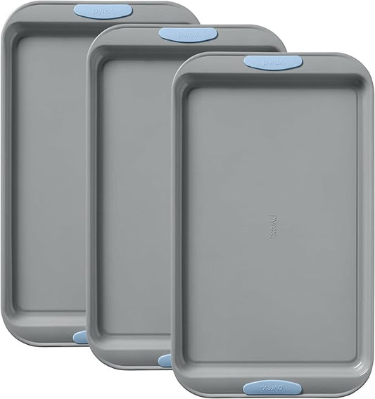 Pyrex 3-Piece Metal Cookie Sheet Bakeware Set, Lightweight Stainless Steel Baking Trays with Heatsafe Silicone Handles, Cookie Sheet Baking Pan, Cerulean