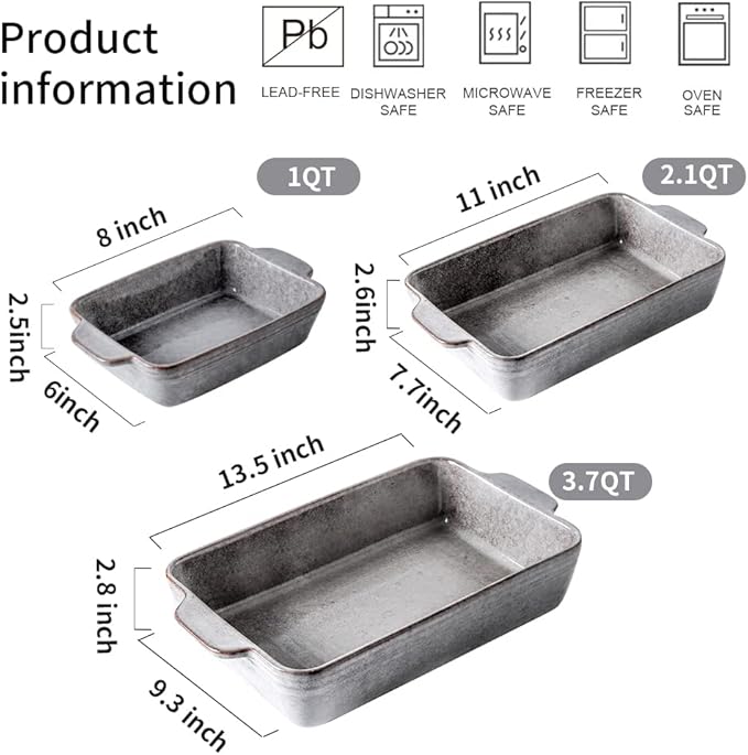 KOOV Bakeware Set, Ceramic Baking Dish Set, Rectangular Casserole Dish Set, Lasagna Pan, Baking Pans Set for Cooking, Cake Dinner, Kitchen, 9 x 13 Inches, Reactive Glaze 3-Piece, Variable Grey - Image 3