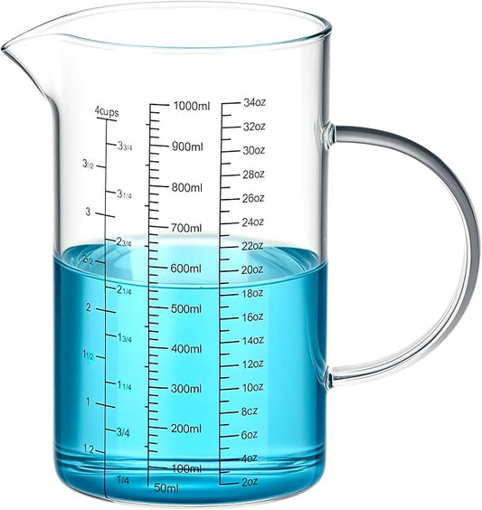 QWORK 34OZ/1000ML Glass Measuring Cup (Ml/Oz/Cup), 4 Cups Multi-Purpose Kitchen Tool with V-Shaped Spout & Handle
