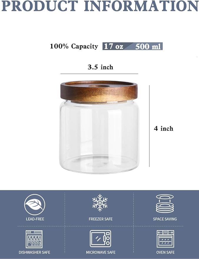 Kanwone Glass Storage Jars Set of 6, 17 Ounce Airtight Food Storage Containers with Bamboo lids, Clear Glass Canisters for Pantry, kitchen, Flour, Sugar, Tea, Coffee, Snack, Spice and Herbs - Image 2