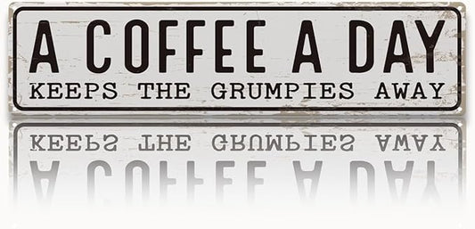 Coffee Signs Decor, A Coffee A Day Keeps the Grum Pies Away Sign, Farmhouse Wall Decor for Home, Vintage Bar or Dorm, Retro Metal Tin Sign, Decorative Metal Wall Signs 15.8x4 Inches by Unknown