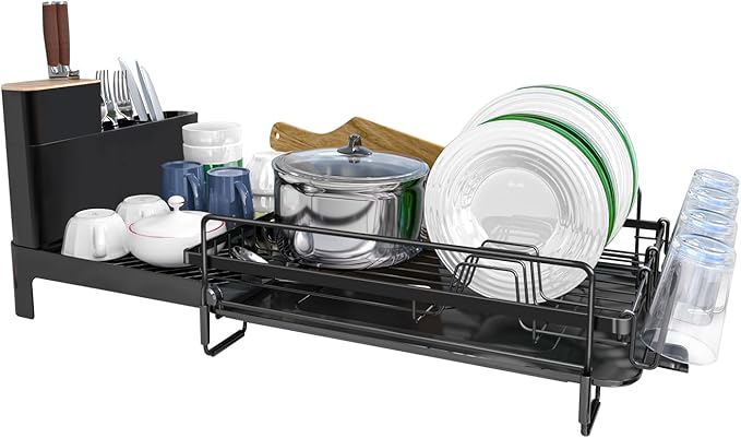 Runnatal Large Detachable Dish Rack with Drainboard Set, Dish Drying Rack Extendable Dish Rack, Utensil Holder, Cup Holder, Expandable Dish Drainer for All Kitchen Counter,20.5"-27.6" L x 12.6" W by Runnatal