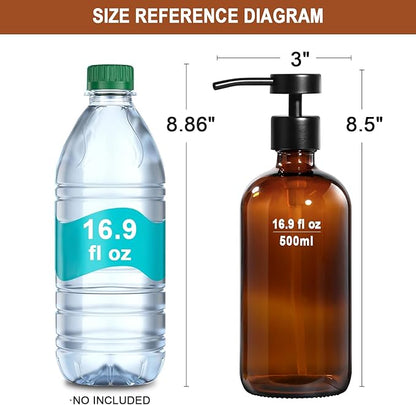 RYTOXILO Hand Soap Dispenser for Bathroom 2 Pack, Amber Glass Soap Dispenser with Stainless Steel Pump, 16.9 Fl oz Hand and Dish Soap Dispensers Set Kitchen, Modern Brown Soap Lotion Dispensers Bottle - Image 8