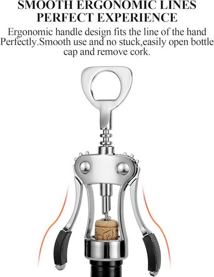 KORCCI Wine Opener, Heavy-Duty Zinc Alloy Wing Corkscrew, Premium Beer Bottle Opener, Multifunctional Wine Accessories with Ergonomic Handle and Sharp Screw, for Kitchen, Bar, Restaurant (2PCS) - Image 4