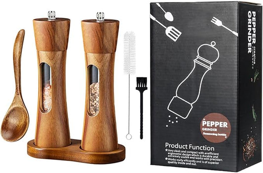 2Pack Wooden Salt and Pepper Grinder Set, 8-Inch Refillable Manual Salt and Pepper Mills with Clear View Window, Wood Shakers with Ceramic Grinder & Wooden Stand, Adjustable Coarseness