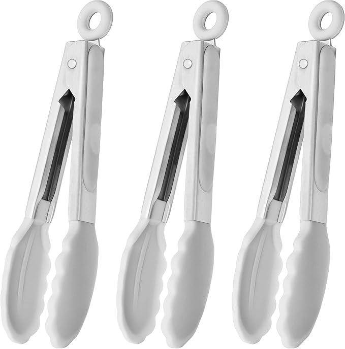 HINMAY Mini Tongs with Silicone Tips 7-Inch Serving Tongs, Set of 3 (White) by HINMAY