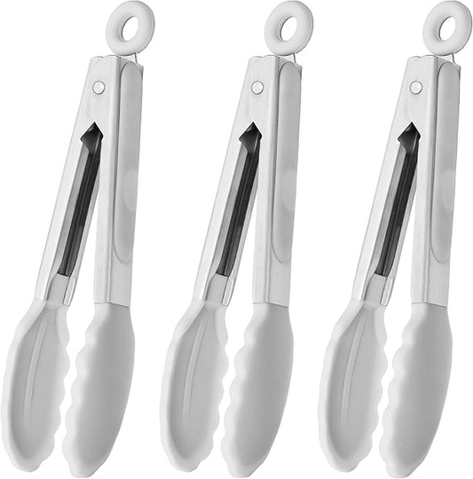 HINMAY Mini Tongs with Silicone Tips 7-Inch Serving Tongs, Set of 3 (White) by HINMAY