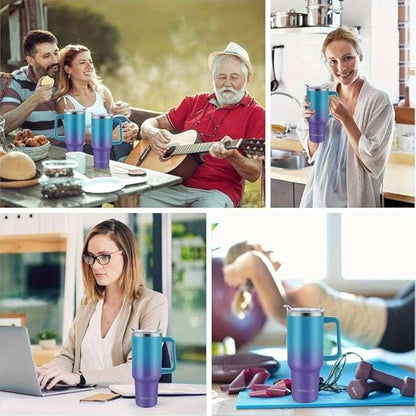 40oz Stainless Steel Double Vacuum Tumbler with Handle, Straw Lid, Carrier Bag, Purse Pouch Phone Pocket, Gym Water Bottle Travel Mug and Sleeve Holder for Men Women (Blue/Purple)