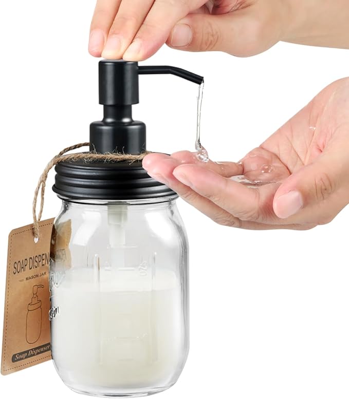 Amolliar 4 Pack Mason Jar Liquid Soap Dispensers, Rustproof Stainless Steel Lid Pump, Waterproof Sticker, Refillable Hand Soap for Bathroom, Kitchen, Dish Soap, Lotion Soap, Farmhouse Decor(Black) - Image 3