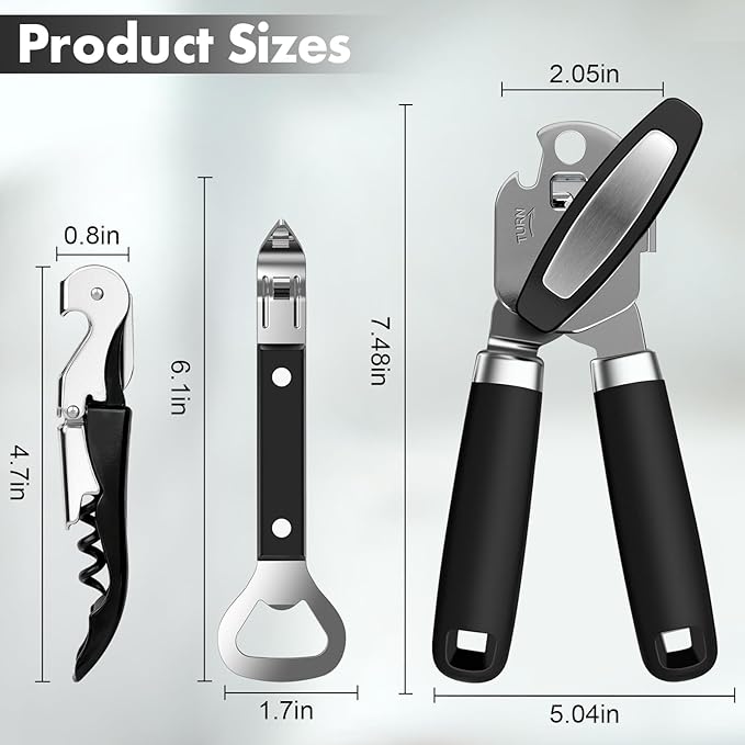 3PCS Can Opener Manual & Bottle Opener & Wine Opener, Smooth Edge Can Openers with Strong Magnet, Heavy Duty Stainless Steel Abrelatas Handheld Waiter Corkscrew - Premium Kitchen Supplies (Black) - Image 7