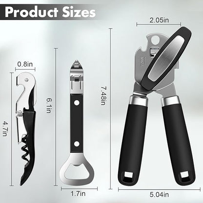 3PCS Can Opener Manual & Bottle Opener & Wine Opener, Smooth Edge Can Openers with Strong Magnet, Heavy Duty Stainless Steel Abrelatas Handheld Waiter Corkscrew - Premium Kitchen Supplies (Black) - Image 7