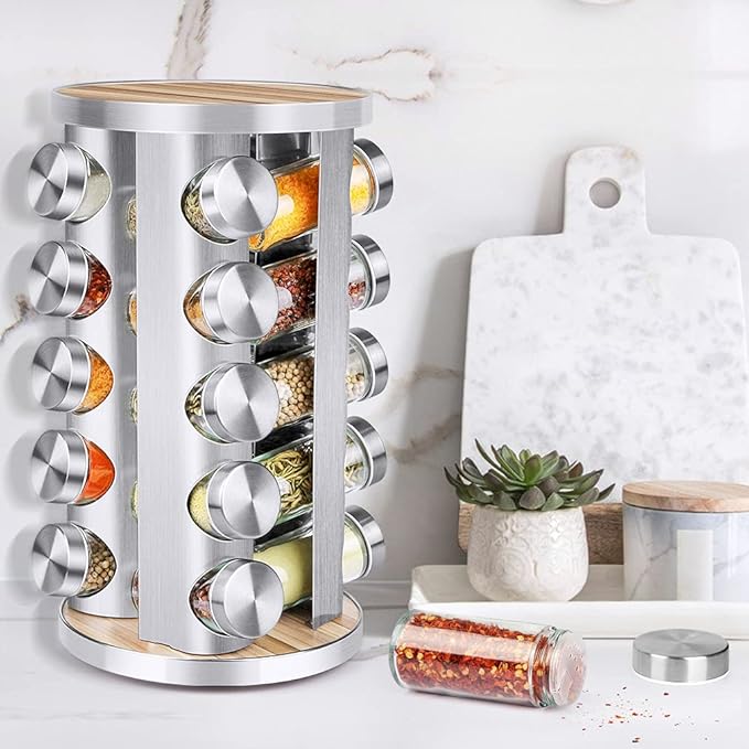 Spice Rack Organizer with Jars for Cabinet (20Pcs) Revolving/Rotating Seasoning Organizer, Stainless Steel/Wooden Countertop Rack Tower Organizer for Kitchen Pantry with Reusable Labels/Funnel/Brushes - Image 7