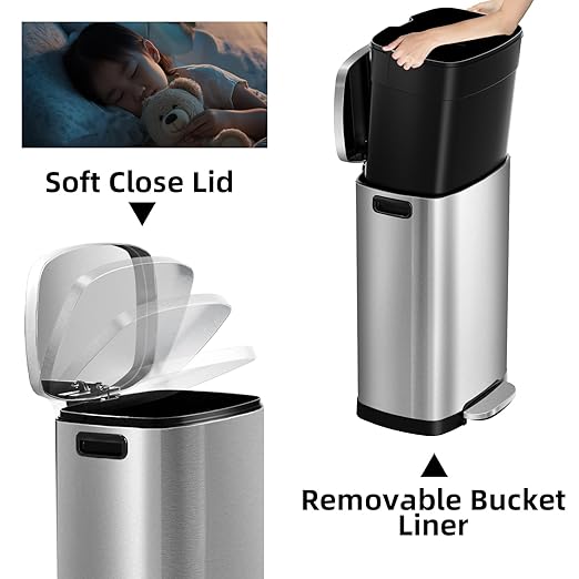 KdbK 13 Gallon Trash Can with Lid, 50L Fingerprint Proof Stainless Steel Kitchen Trash Can with Removable Inner Bucket and Lid Soft Close, Pedal Rubbish Bin for Home Office - Image 3