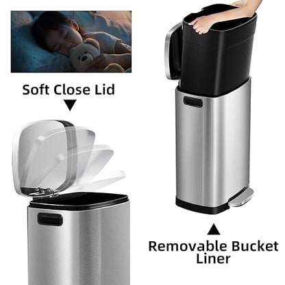 KdbK 13 Gallon Trash Can with Lid, 50L Fingerprint Proof Stainless Steel Kitchen Trash Can with Removable Inner Bucket and Lid Soft Close, Pedal Rubbish Bin for Home Office - Image 3