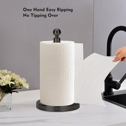 Kalitro Paper Towel Holder Countertop, Standing Paper Towel Roll Holder for Kitchen Bathroom, with Weighted Base for One-Handed Operation, No Wobbly (Stainless Steel Base, Black) - Image 2