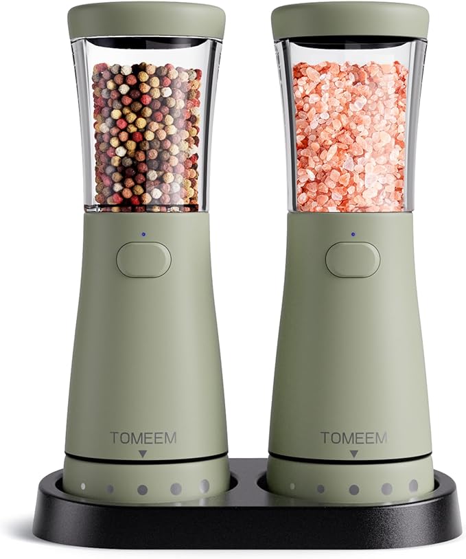 Electric Salt and Pepper Grinder Set with Storage Base, Stainless Steel Rechargeable Salt and Pepper Grinder Set with 4.5 oz Large Capacity, 1.8" Wide Mouth, Adjustable Coarseness, Ideal for Kitchen by Tomeem