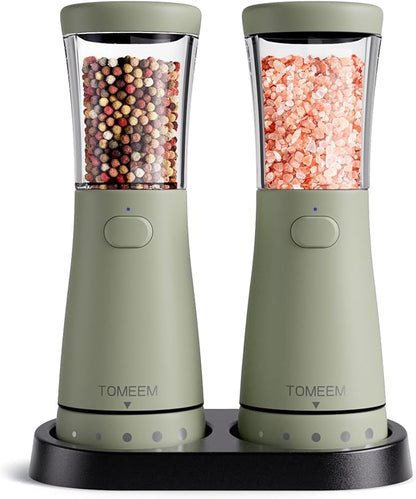 Electric Salt and Pepper Grinder Set with Storage Base, Stainless Steel Rechargeable Salt and Pepper Grinder Set with 4.5 oz Large Capacity, 1.8" Wide Mouth, Adjustable Coarseness, Ideal for Kitchen by Tomeem