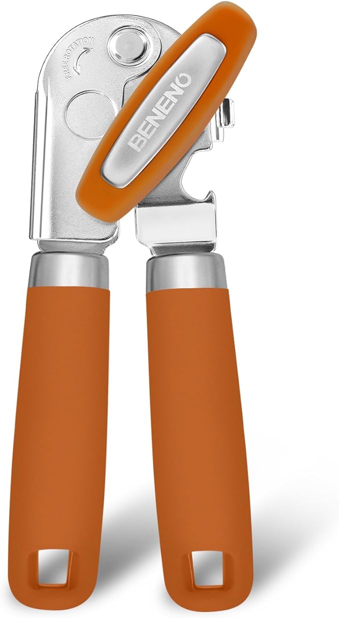 Beneno Heavy Duty Hand Can Opener Manual with Magnet, Durable Sharp Carbon Steel Blade Smooth Cutting, Big Effort-Saving Knob, Soft Grip Handle, Multifunctional Kitchen Tool with Bottle Opener, Orange - Image 7