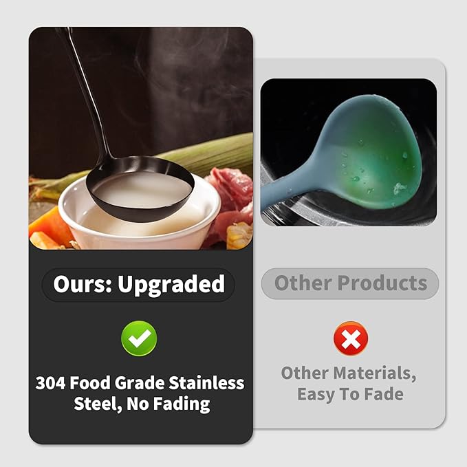 Newness Soup Ladle, [Rustproof, Heat Resistance, Integral Forming] Durable 304 Stainless Steel Soup Spoon with Vacuum Ergonomic Round Handle, Cooking Spoon for Kitchen, 13.7 Inches, Black - Image 2