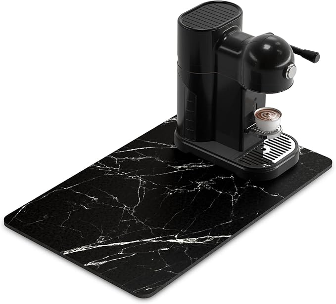 Rnivvi Coffee Mat, 12" x 19" Cute Marble Style Coffee Bar Mats for Espresso Machine Station Accessories and Organizer, Hide Stain Rubber Backed Absorbent Dish Drying Pad for Kitchen Counter, Black by Rnivvi