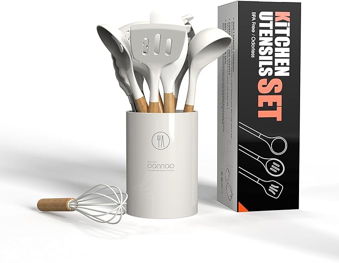 oannao Silicone Cooking Utensils Set - 446°F Heat Resistant Silicone Kitchen Utensils for Cooking,Kitchen Utensil Spatula Set w Wooden Handles and Holder for Non-Stick Cookware (Cream White) - Image 6