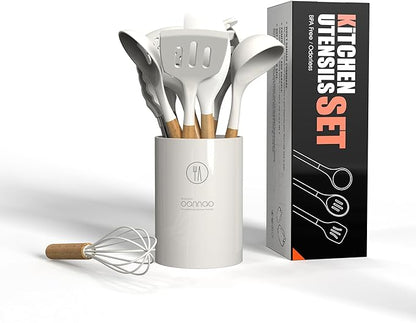 oannao Silicone Cooking Utensils Set - 446°F Heat Resistant Silicone Kitchen Utensils for Cooking,Kitchen Utensil Spatula Set w Wooden Handles and Holder for Non-Stick Cookware (Cream White) - Image 6