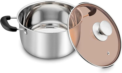 TeamFar Stock Pot 6 qt, Stainless Steel Stock Pasta Soup Pot with Lid, Double Bakelite Heat-Proof Handles & Tempered Glass Lid, Dishwasher Safe & Easy Cleanup, Non-Toxic & Healthy by TeamFar