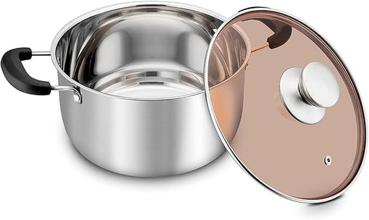TeamFar Stock Pot 6 qt, Stainless Steel Stock Pasta Soup Pot with Lid, Double Bakelite Heat-Proof Handles & Tempered Glass Lid, Dishwasher Safe & Easy Cleanup, Non-Toxic & Healthy by TeamFar