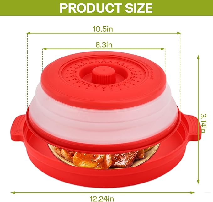 Microwave Splatter Cover for Food with Anti-scald Base Plate,Large Plastic & Silicone Vented Avoid Scalding Collapsible Guard Lid, Plate Holder & Kitchen Colander for Meal Prep-10.7 Inch (2 Pcs BRed) - Image 6
