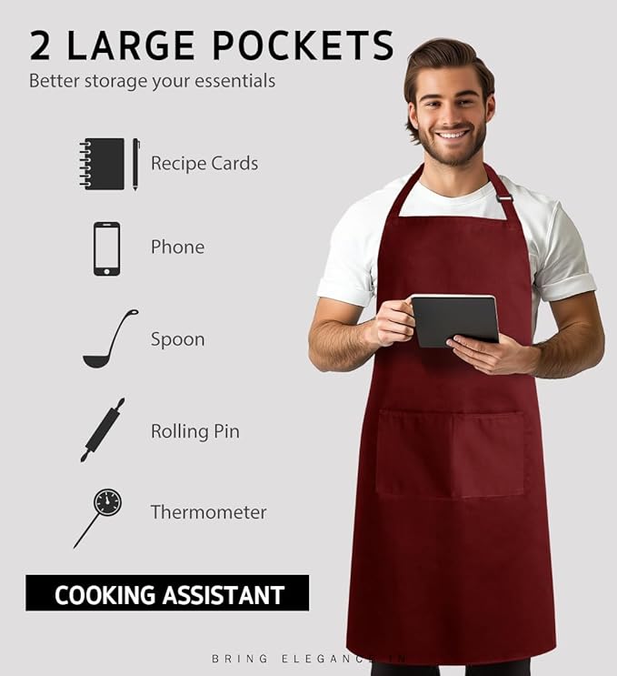 Syntus Apron for Men Women, Adjustable Cooking Kitchen Chef Aprons with 2 Pockets, Cotton/Polycotton/Polyester - Image 4