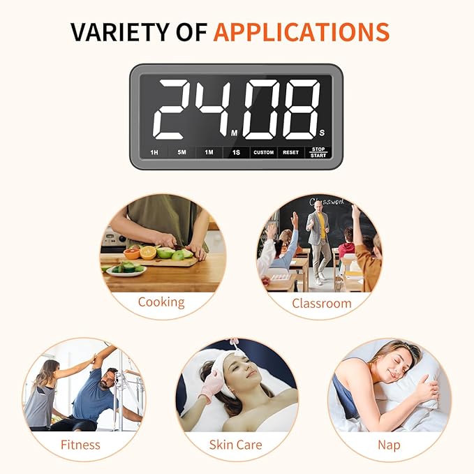 VOCOO Digital Kitchen Timer with 7.8” Extra Large Display, Magnetic LED with 3 Brightness, 4 Alarms and 3 Volume Levels, Battery Powered Countdown Count Up Timer for Cooking, Classroom, Home Gym - Image 7