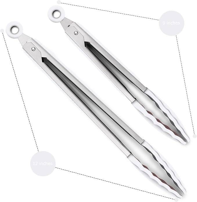 2 Pack Silicone Kitchen Tongs – 9" & 12" Set, Heat Resistant up to 500°F, Non‑Stick Cookware Safe, Wavy Silicone Tips, BPA Free, Locking Clip & Hanging Loop, Light Grey - Image 4