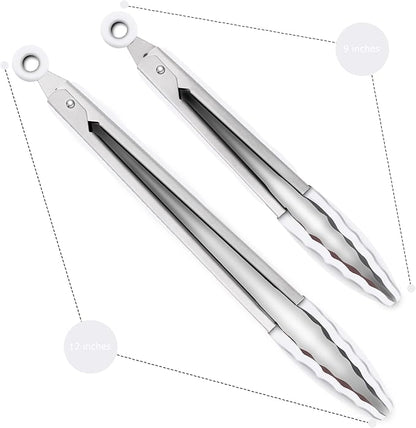 2 Pack Silicone Kitchen Tongs – 9" & 12" Set, Heat Resistant up to 500°F, Non‑Stick Cookware Safe, Wavy Silicone Tips, BPA Free, Locking Clip & Hanging Loop, Light Grey - Image 4
