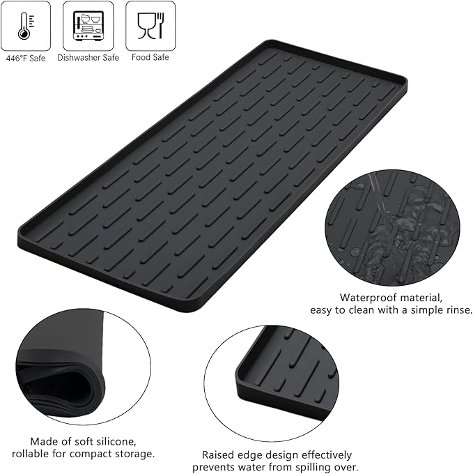 Silicone Coffee Mat, 16"X7" Heat-Resistant,Eco-friendly,Hygienic Drying Pad,Leak-Proof and Non-Slip,Removable Silicone Mat with Concave and Convex Design,（Black 16X7） - Image 3