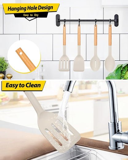 Pack of 4 Silicone Cooking Utensils Set, Non Stick Solid Spatulas and Heat Resistant Slotted Spoons with Wooden Handle, Ideal Wood Kitchen Utensils Set for Frying,Serving,Turning,Stirring (KHAKI) - Image 6