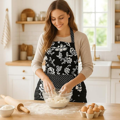 G2PLUS Vintage Floral Kitchen Apron for Women, Black Pleated Hem Cooking Apron with Pocket, Retro Cotton Apron for Kitchen and Home Use (29 x 21 inch)