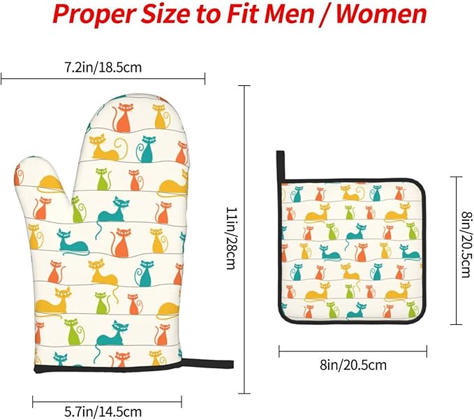 Mid Century Modern Cats Oven Mitts and Pot Holders Set Heat Resistant Cute Oven Gloves for BBQ Baking Grilling Cooks Kitchen Decor 3 Piece - Image 4