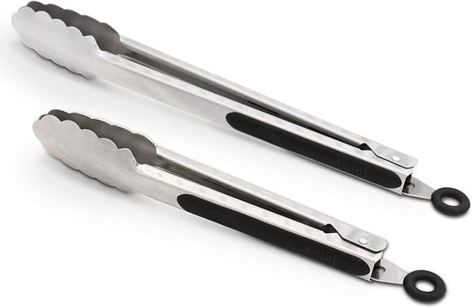 304 Stainless Steel Kitchen Cooking Tongs, 9" and 12" Set of 2 Sturdy Grilling Barbeque Brushed Locking Food Tongs with Ergonomic Grip, Black by ALLWIN-HOUSEWARE