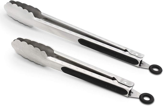 304 Stainless Steel Kitchen Cooking Tongs, 9" and 12" Set of 2 Sturdy Grilling Barbeque Brushed Locking Food Tongs with Ergonomic Grip, Black by ALLWIN-HOUSEWARE