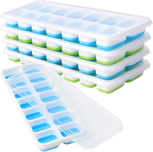 Ice Cube Tray with Lids BPA Free, 4 Pack - 56 Ice Flexible Easy Release Silicone Ice Tray for Freezer Stackable No Spill Ice Tray Dishwasher Safe for Cocktail, Whiskey, Fruit, Blue & Green